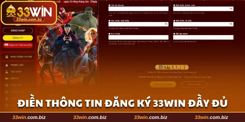 Hướng dẫn điền thông tin đăng ký 33WIN đầy đủ