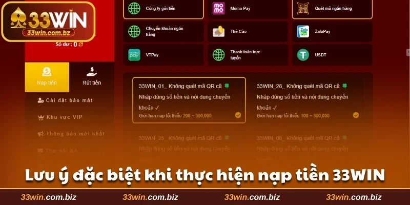 Lưu ý đặc biệt khi thực hiện nạp tiền 33WIN