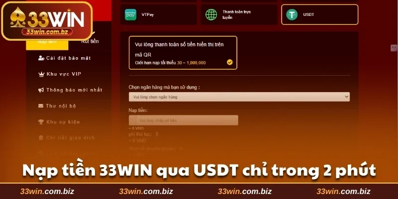 Nạp tiền 33WIN qua USDT thành công trong 2 phút